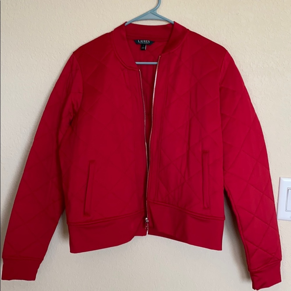 Lauren Ralph Lauren large red bomber style jacket.